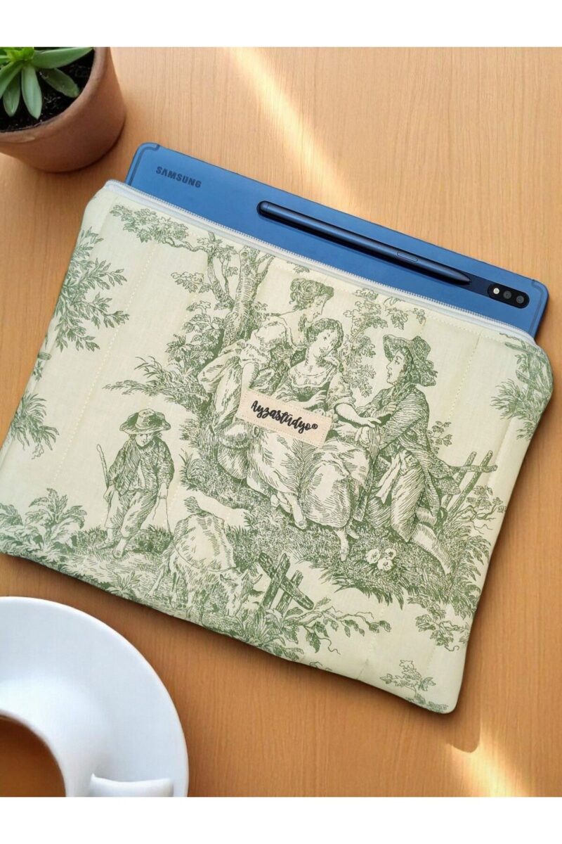Puffy iPad/Tablet Sleeve - Green Toile de Jouy | Ayza Stüdyo
