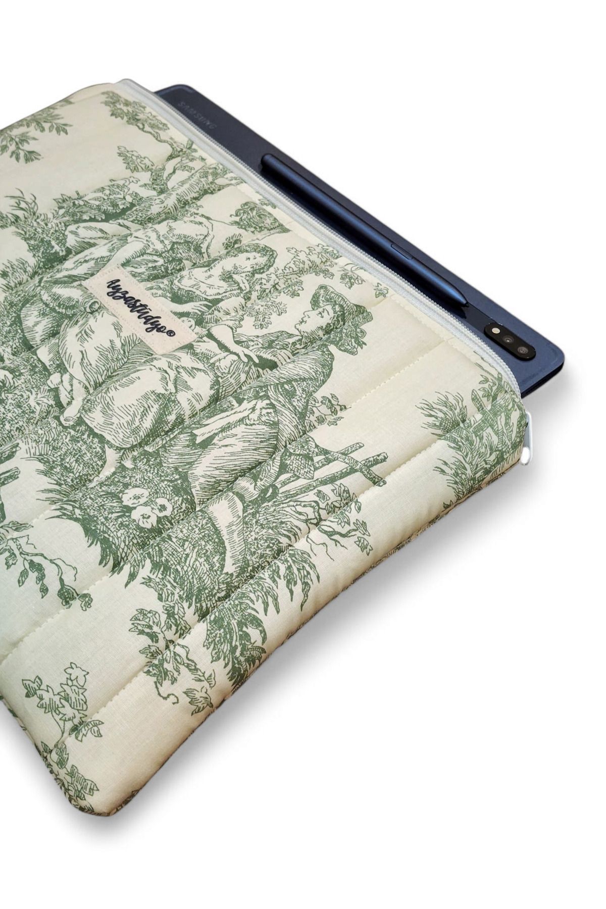Puffy iPad/Tablet Sleeve - Green Toile de Jouy | Ayza Stüdyo - Image 3